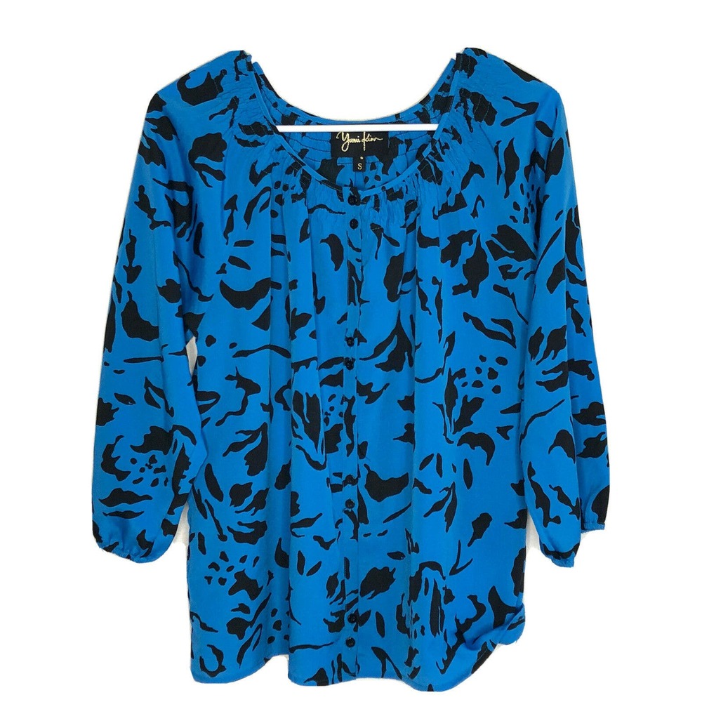 YUMI KIM Boho Floral Blouse Size Small Blue Black Blouson Sleeve Button t18